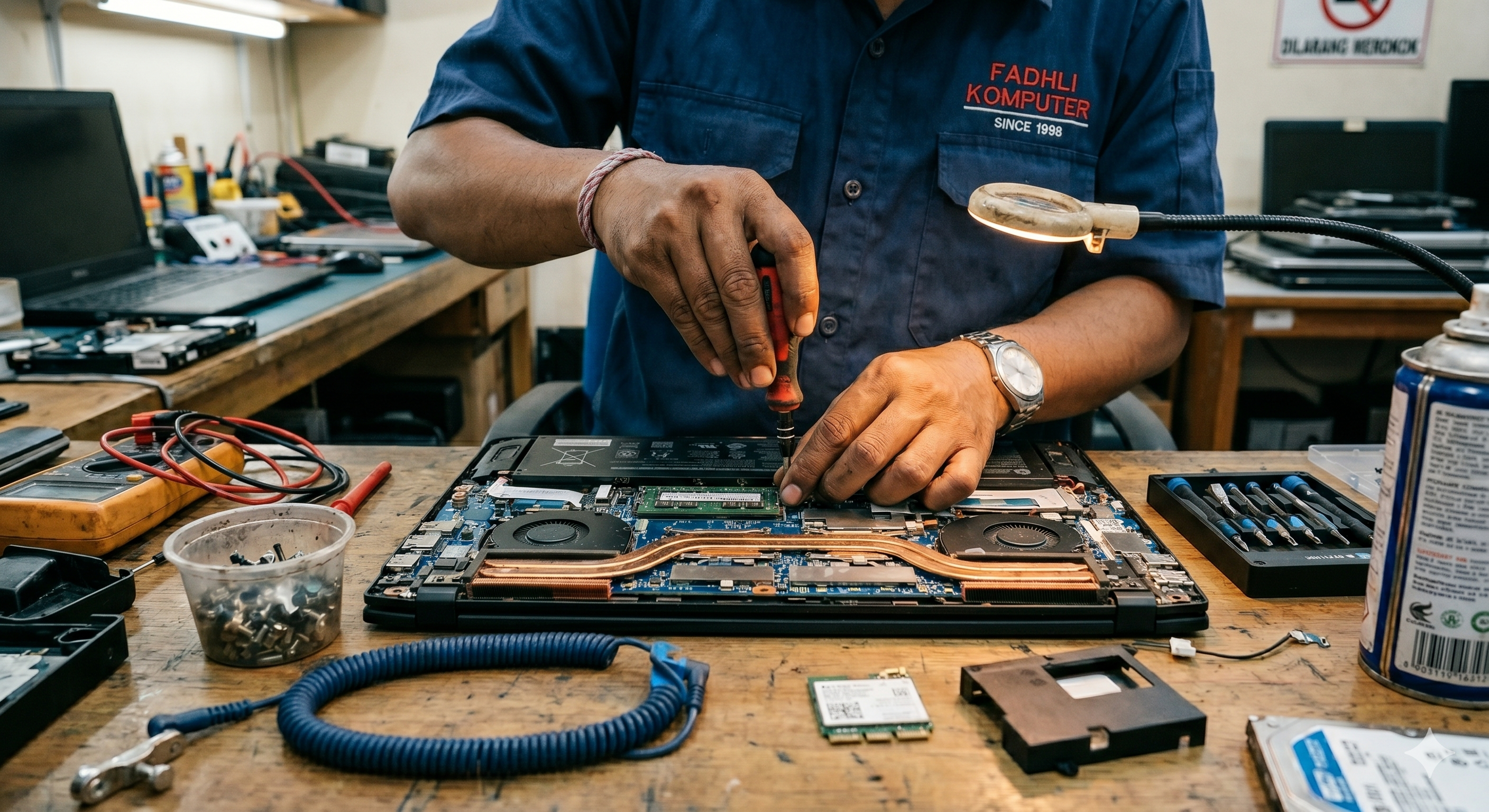 Laptop sedang diservis di meja teknisi komputer